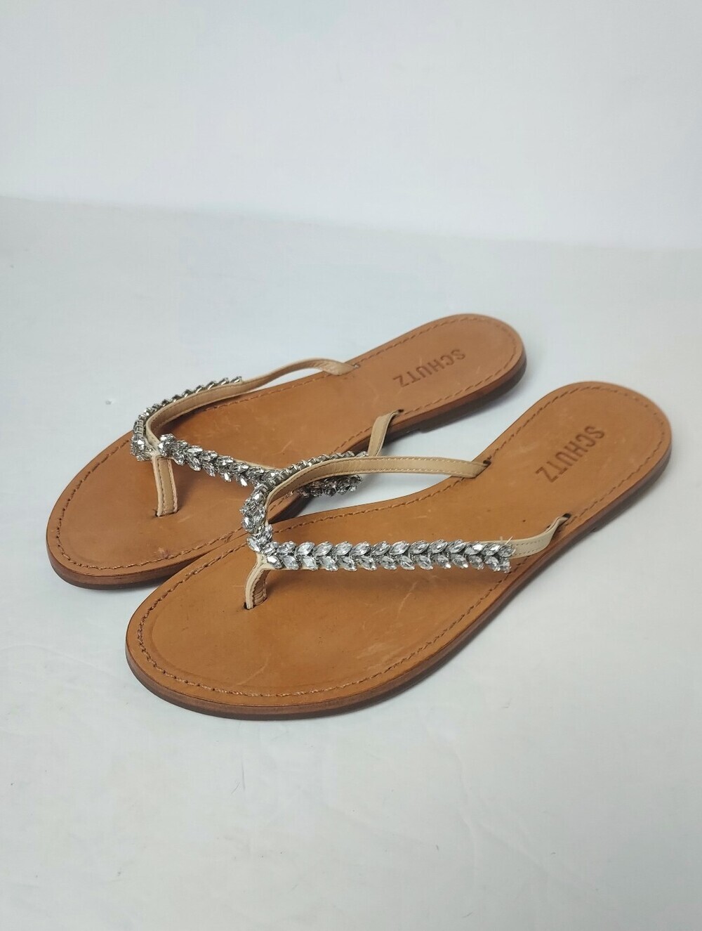 Schutz Belle Crystal Embellished Flip Flop Sandals Leather Size 8